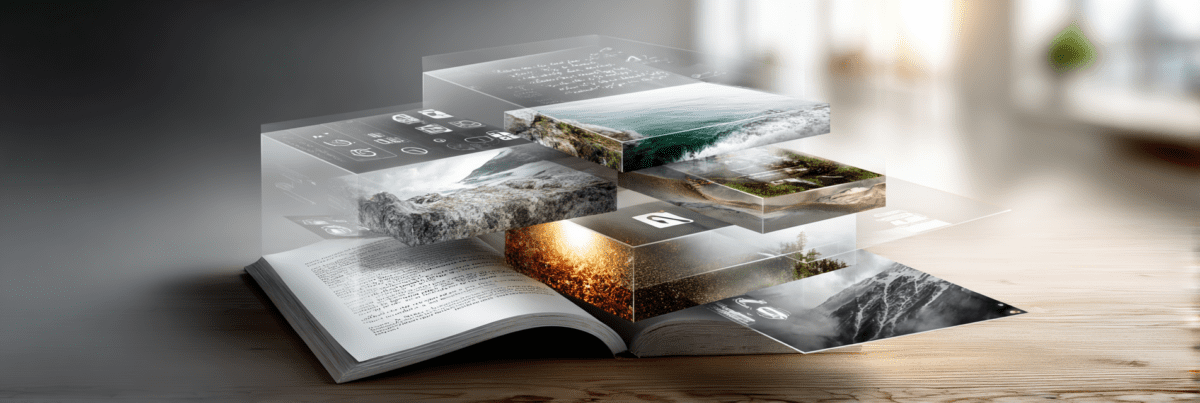 An open book supports multiple transparent layers containing landscapes, digital symbols, and written information, representing the accumulation of knowledge and the way new forms of literacy are built on older ones.