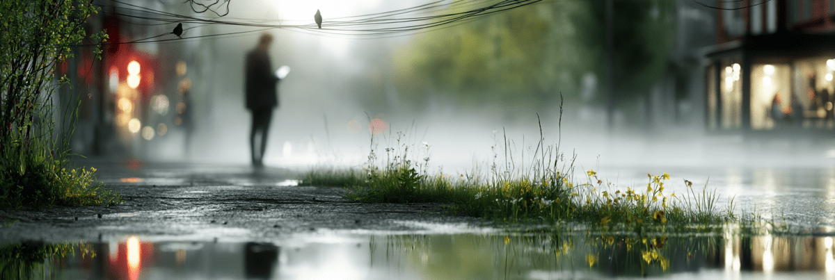 A misty city street at dawn with puddles reflecting light, wildflowers and grass growing through cracks in the pavement, and birds perched on overhead wires. In the background, a blurred figure looks down at a glowing phone while walking past the unnoticed details around them.