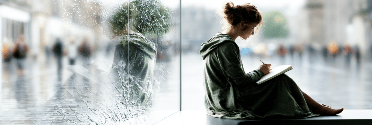 A young woman sits beside a large rain-streaked window, writing in a notebook while observing the world outside. Her reflection appears in the glass as blurred pedestrians move through the bright city beyond, creating a quiet atmosphere of attention and contemplation.