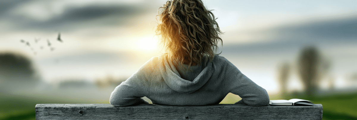 A person sits alone on a weathered wooden bench at sunrise, gazing across a misty landscape while birds fly in the distance. An open notebook rests beside them, creating a quiet scene of reflection and observation.