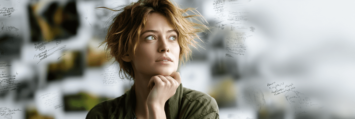 A thoughtful young woman rests her chin on her hand while looking off into the distance. Notes, sketches, and photographs blur around her, suggesting a process of observation, reflection, and connecting ideas.