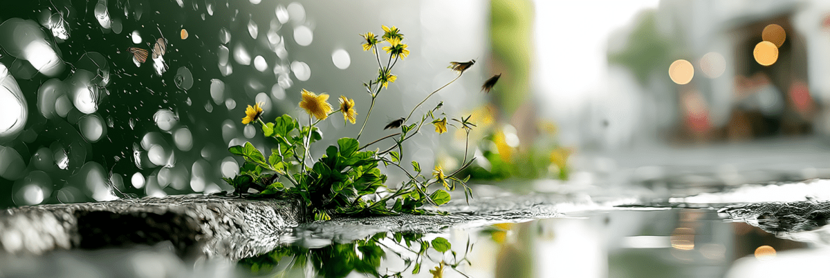 Wildflowers grow from a crack in a curb beside a rain-filled puddle, reflecting light and surrounding greenery. The background fades into soft blur, drawing attention to small details that are often overlooked.