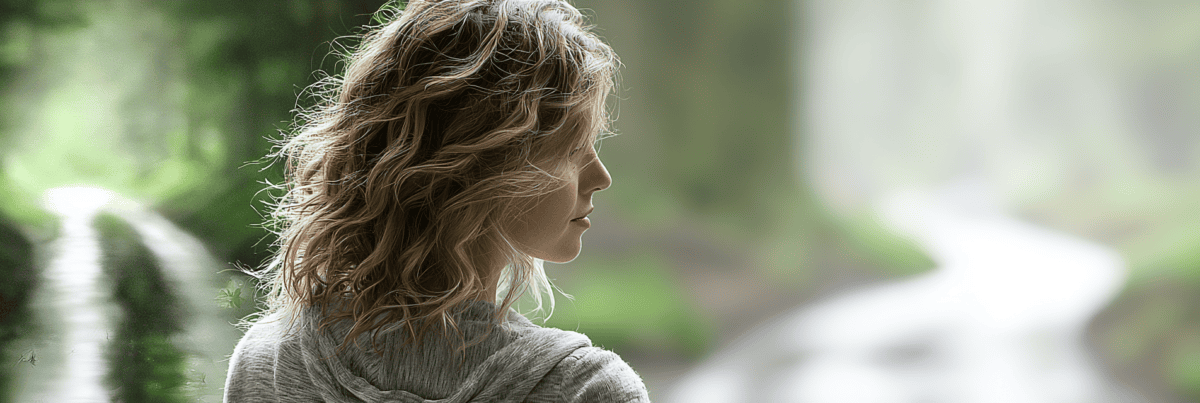 A person stands in profile on a quiet forest path, looking toward a road that disappears into soft light, suggesting a moment of reflection and choosing how to move forward.