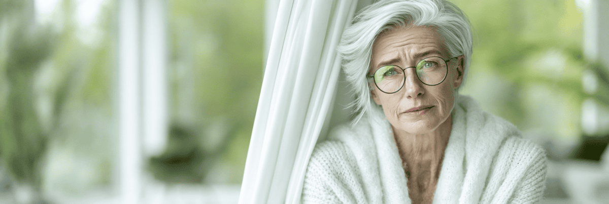 An older woman with short white hair and round glasses looks thoughtfully across a softly lit room.