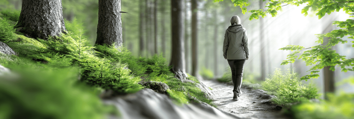 A person walks alone along a sunlit forest path, continuing forward through the trees, symbolizing resilience and the decision to keep moving after a setback.