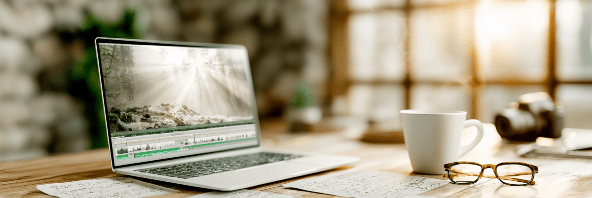 A cozy creative workspace with a laptop displaying a video editing project, handwritten notes, a coffee cup, reading glasses, and a camera in warm morning light.