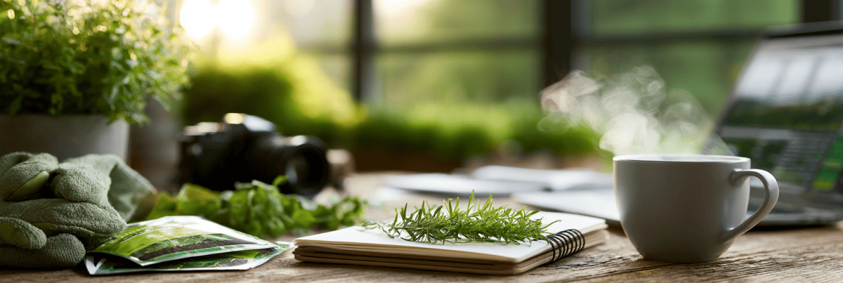 Gardening gloves, seed packets, a notebook, a camera, a laptop, and a steaming cup of coffee rest together on a sunlit table, suggesting that curiosity can take many forms at any stage of life.
